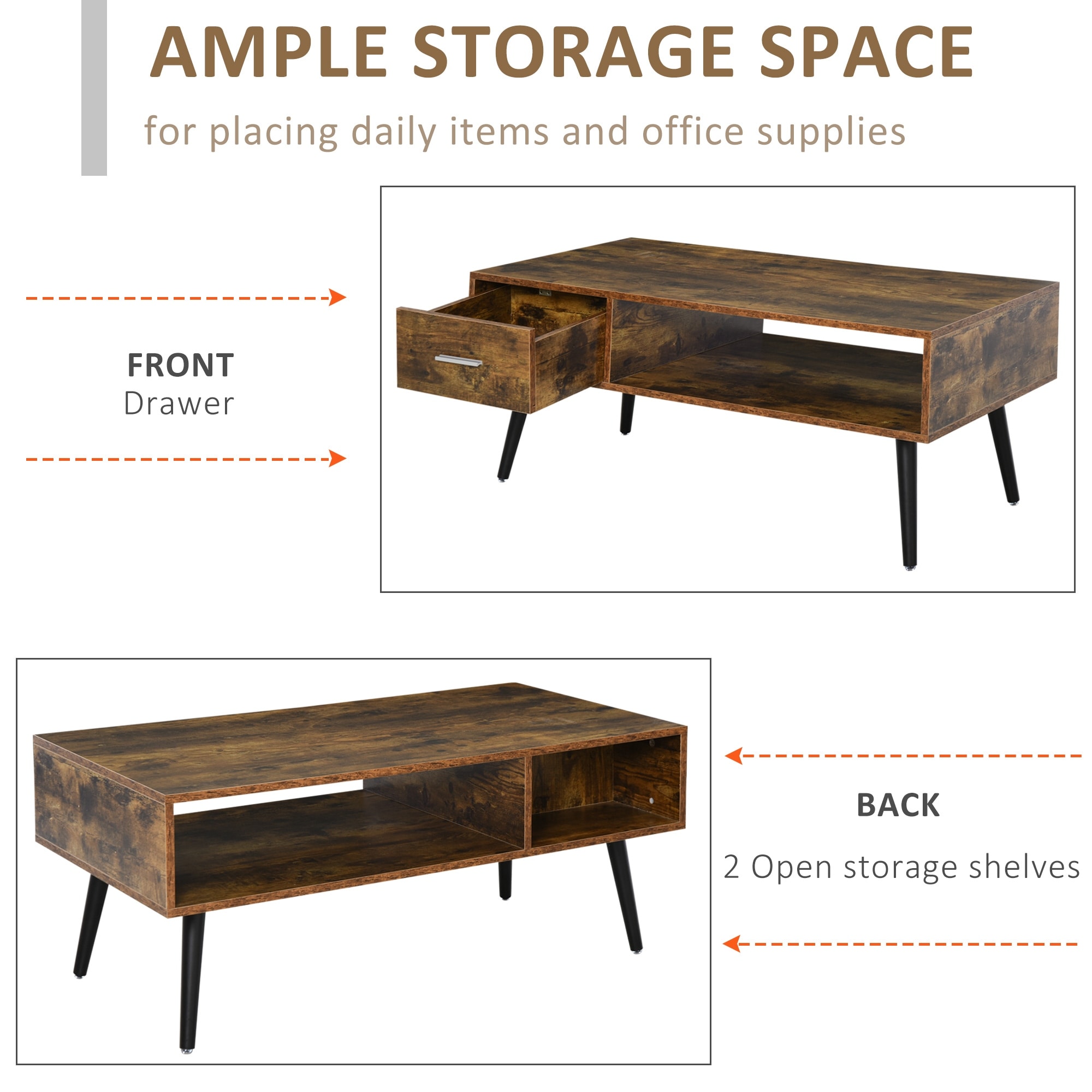ン 大人気 新品 ノ 43 HOMCOM inch Drawer with Table Coffee Modern Mid-Century その他