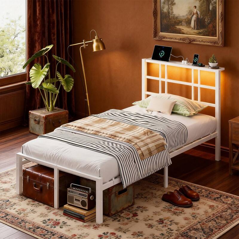 Twin Metal Platform Bed Frame with Storage Headboard,LED Lights,Charging Station,Wooden Storage Shelf,Underbed Storage Space - White
