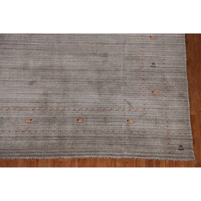 Hand Knotted Oriental 100% Wool Carpet Tribal Animal Pictorial Greys & Charcoal Gabbeh Area Rug - 9' 9'' X 8' 2''