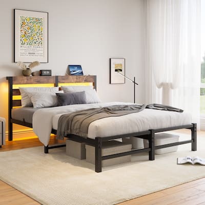 Queen Size Metal Bed Frame with Rustic Brown Wooden Headboard, RGB LED Lights, Charging Station, Storage Shelf, Noise-Free