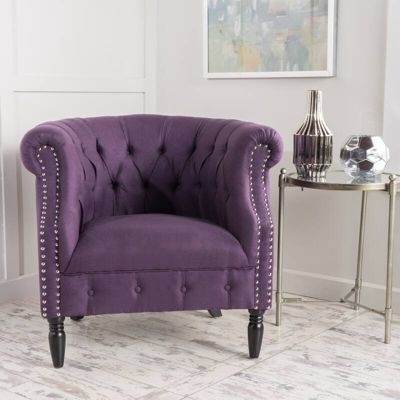 Roomfitters Tufted Upholstered Club Chair, Elegant Rolled-Arm Accent Armchair with Nailhead Trim for Living Spaces - Plum