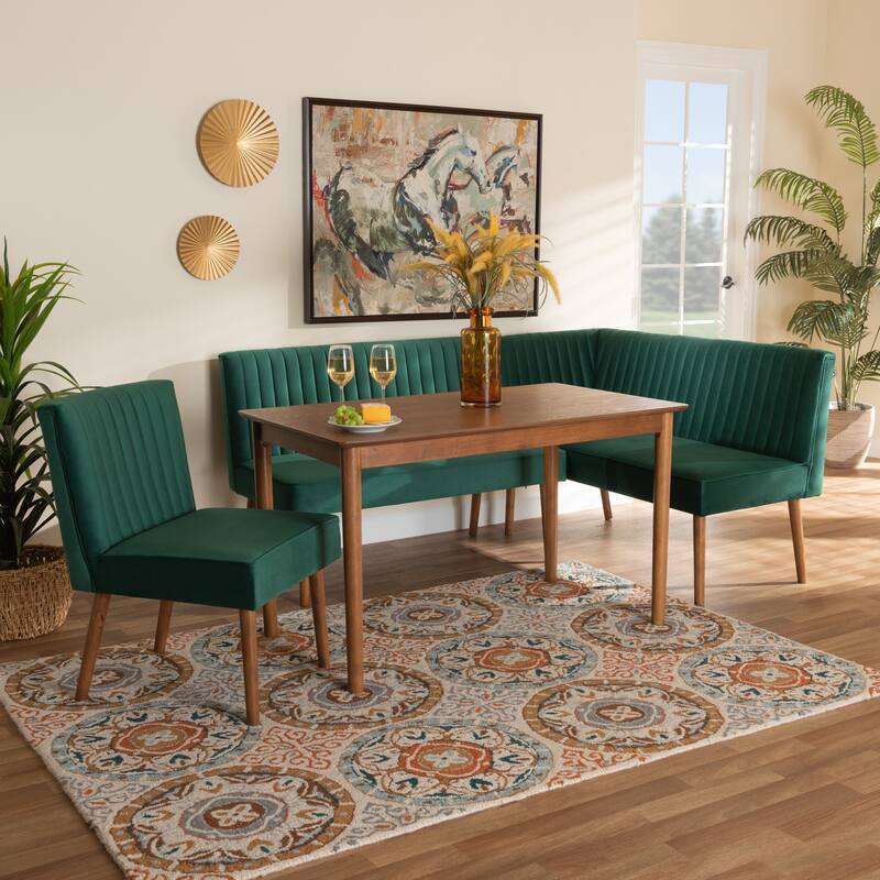 Alvis Mid-Century Emerald Green Velvet Upholstered Wood Dining Nook Set