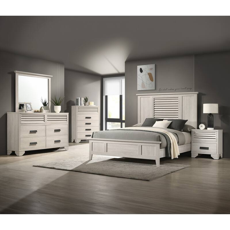 Queen Size Wood Panel Bed with Louvered Headboard