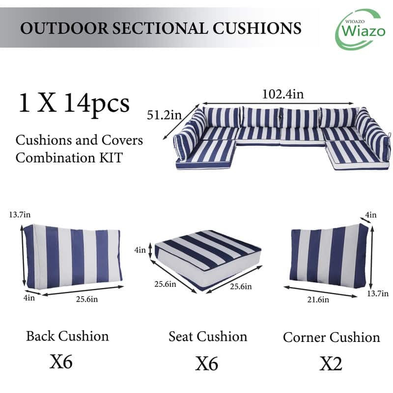 14pcs Outdoor Couch Cushions,4" Waterproof Sectional Rattan Conversation Set Cushions(Only Cushions+Covers,No Sofa) - 14PCS