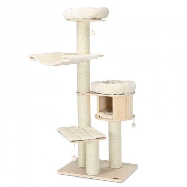 4-Layer 68.5-Inch Wooden Cat Tree Condo Activity Tower with Sisal Posts-Natural - Natural - 29.5" x 22" x 68.5"