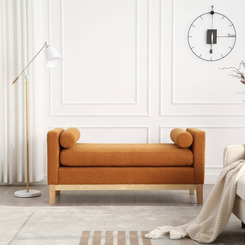 Upholstered Entryway Bench with Solid Wood Legs & Bolster Pillows