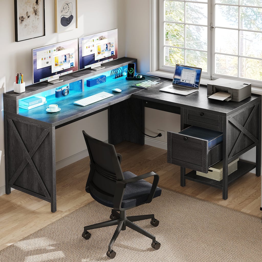 Moasis X-Design Farmhouse 60-inch Corner L-Shaped Computer Gaming Desk with Power Outlets LED Lights