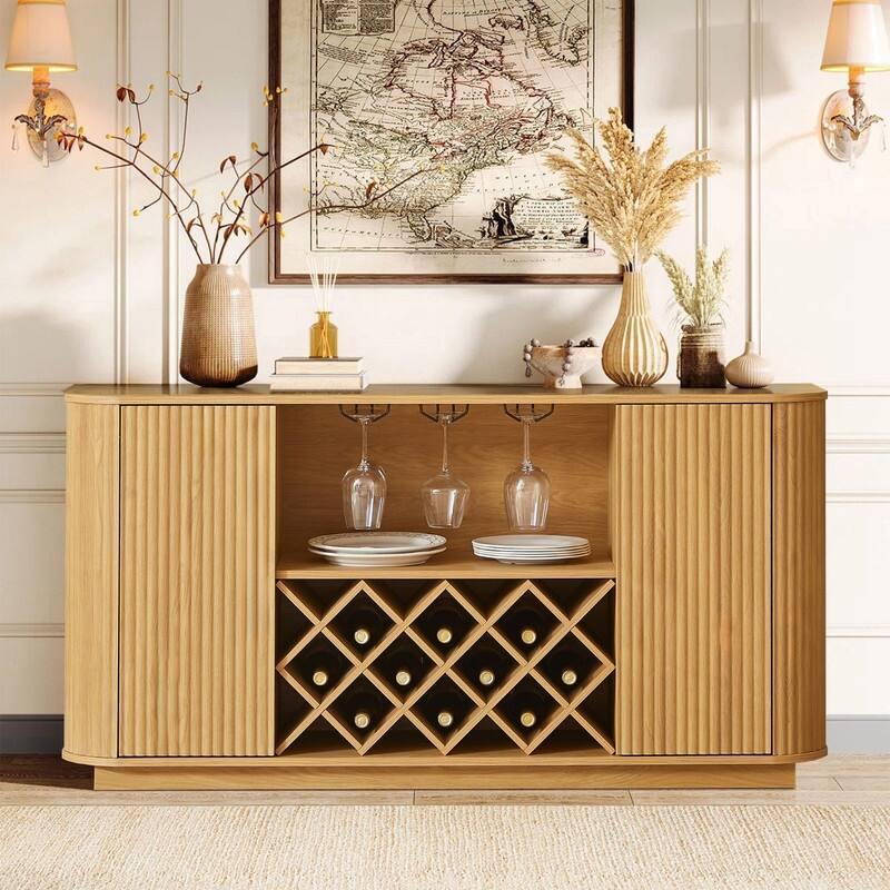 Modern 58" Fluted Curved Sideboard Multifunctional Storage Cabinet with Wine Rack and Adjustable Shelves - Natural