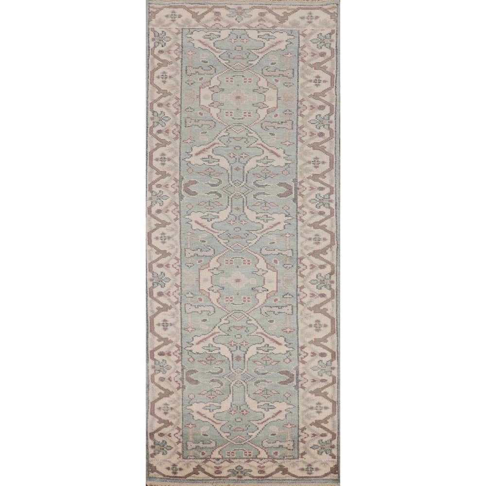 Turquoise Green Oushak Indian Runner Rug Hand-Knotted Wool Carpet - 2'8"x 8'5"