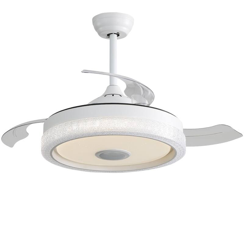 Modern 42 Inch Invisible Ceiling Fan with Bluetooth Player & Retractable ABS Blades, Dimmable LED Ceiling Fan Light, White