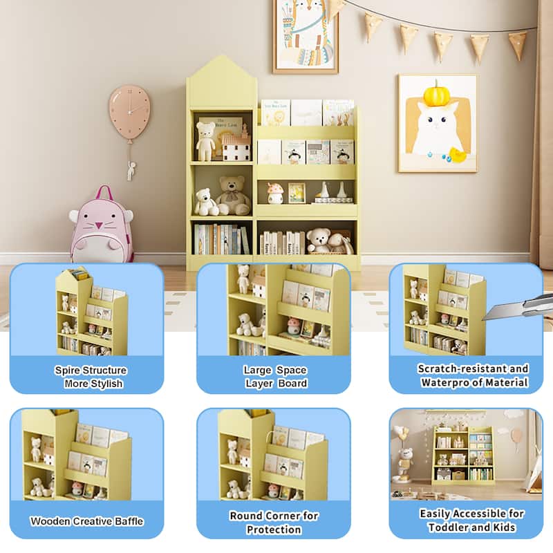 Anmytek Yellow Kids Bookshelf Toy Storage Organizer 6 Compartments 2 Baskets Cubby