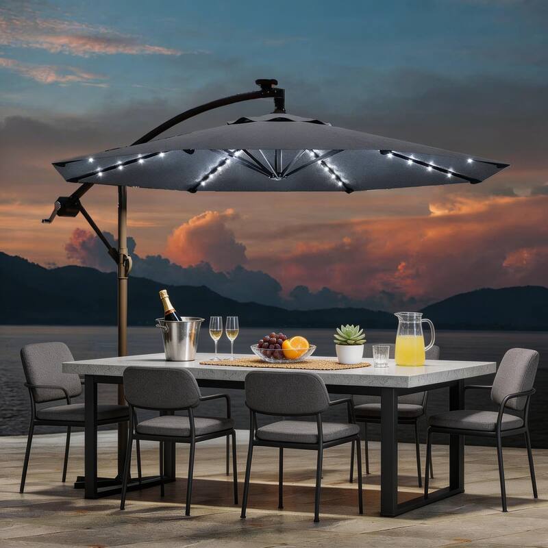10 ft offset patio umbrella, with solar lights - Grey