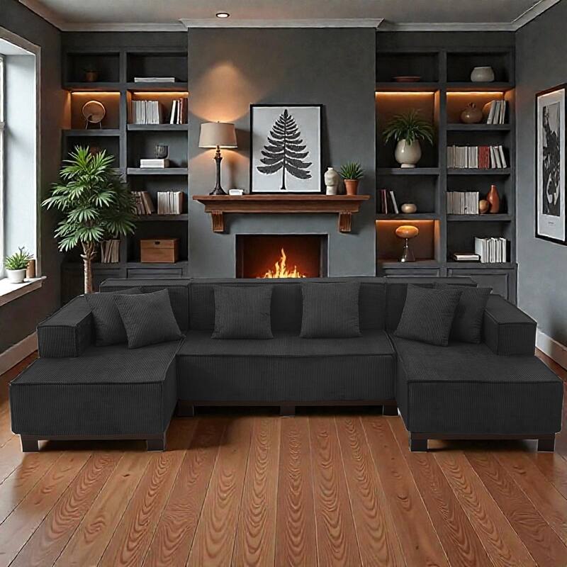 Modern 130" U-Shaped Sectional Sofa with RGB LED Lights, Corduroy Upholstery, 6 Pillows, Deep Seating Couch