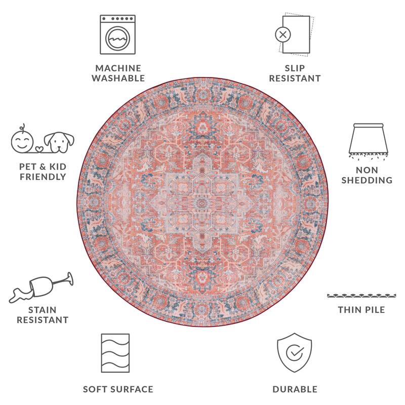 SAFAVIEH Tucson Machine Washable Slip Resistant Reba Traditional Rug - 6' Round - Rust/Navy