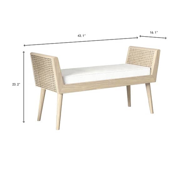 Aderyn Mid-Century Padded Bench with Raised Rattan Arms