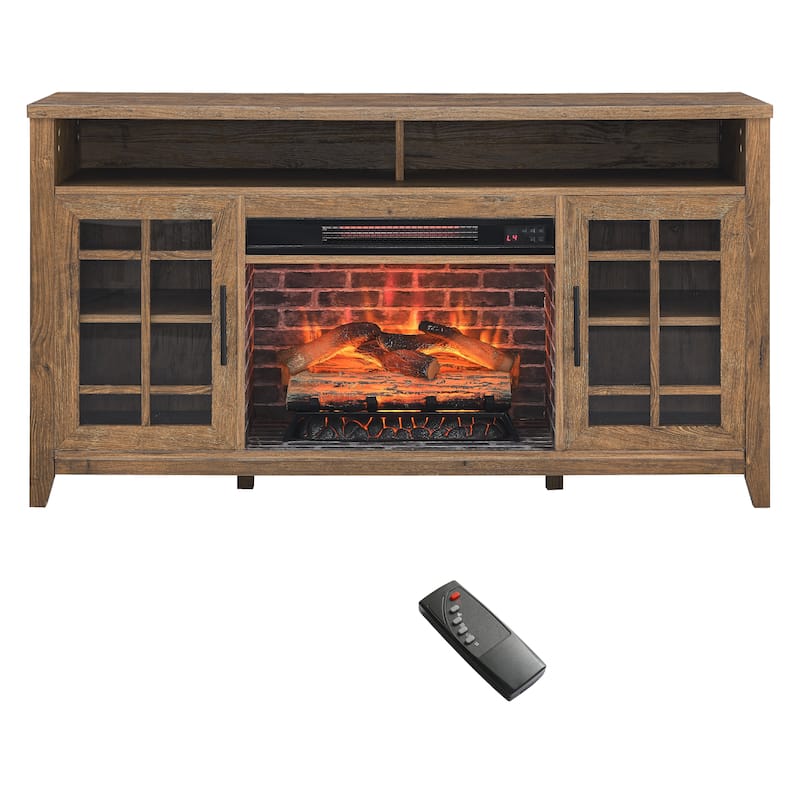 Reclaimed Barnwood 55" Fireplace TV Stand with Log Flames, Remote & Doors - Reclaimed Barnwood