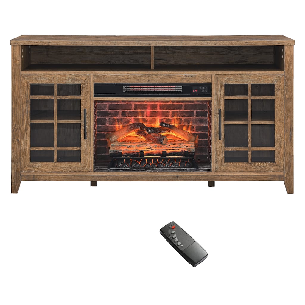 Reclaimed Barnwood 55" Fireplace TV Stand with Log Flames, Remote & Doors