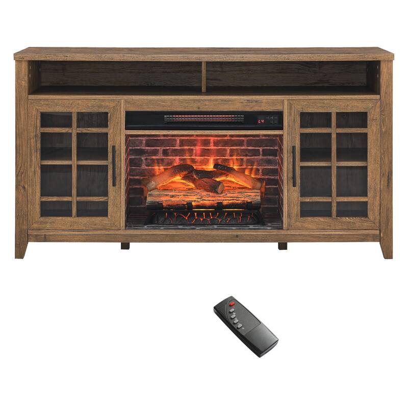 Reclaimed Barnwood 55" Fireplace TV Stand with Realistic Flames & 2 Doors - Reclaimed Barnwood
