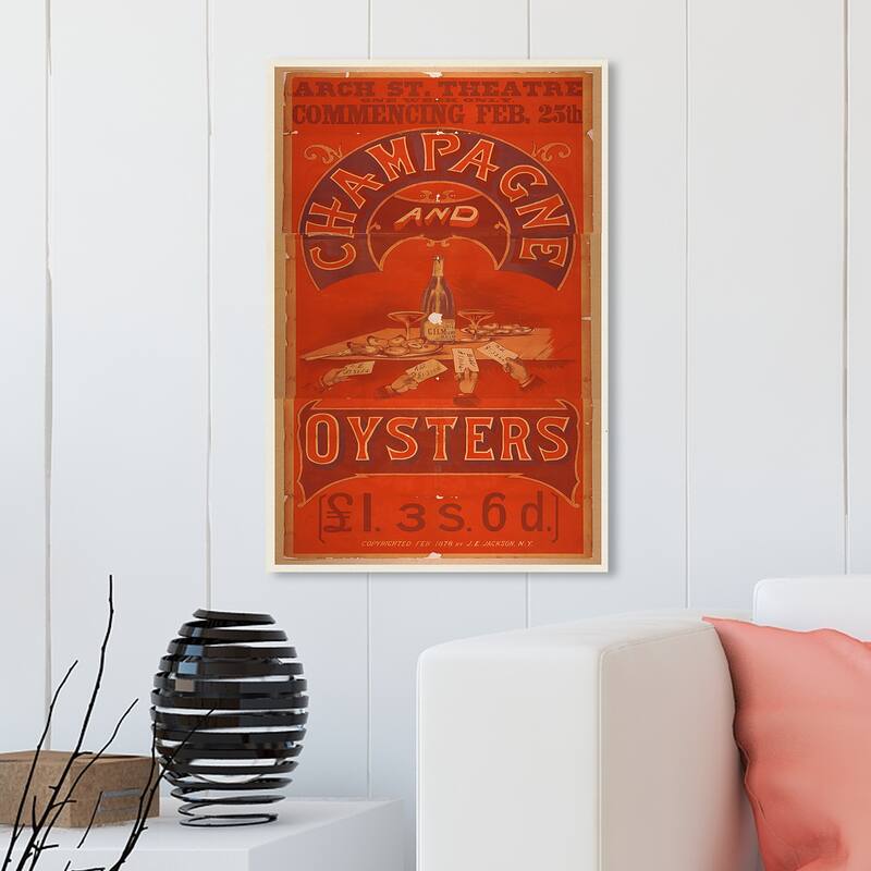 Wynwood Studio 'Champagne And Oysters Tall' Advertising Wall Art Canvas Print Posters - Orange, Red - 20 x 30