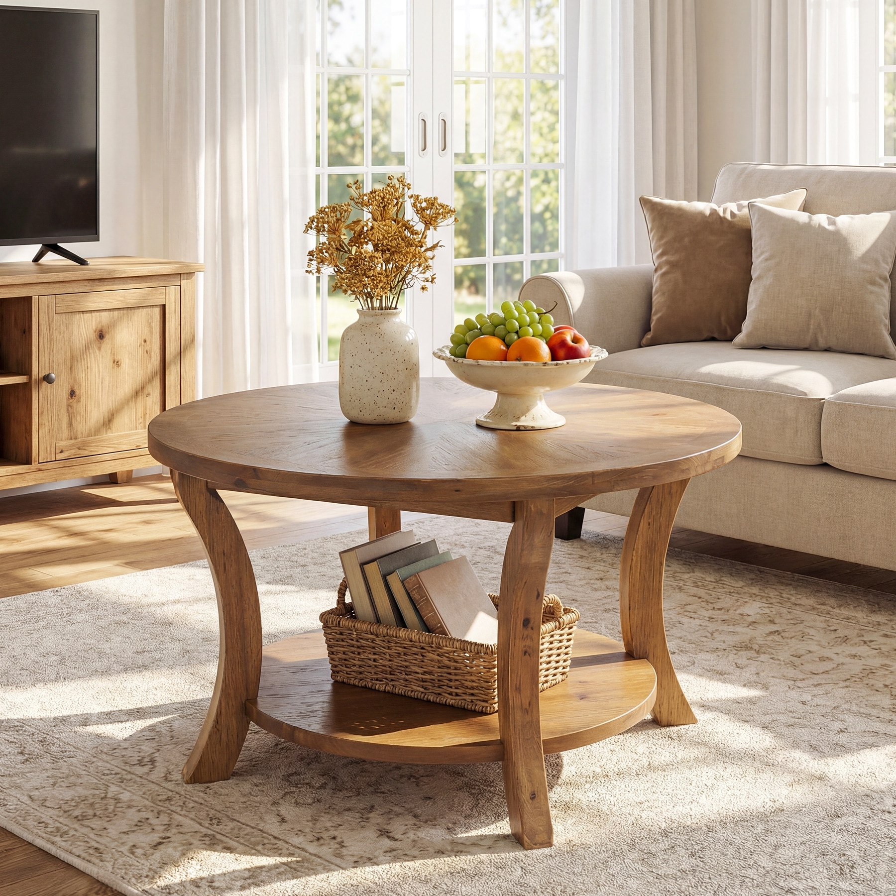 31.5” Round Solid Wood Coffee Table With Lower Storage Shelf