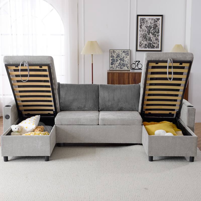 Multifunctional Sectional Sofa Bed with Pull-Out Sleeper, Dual Storage Chaises, USB Ports and Cup Holders for Living Room