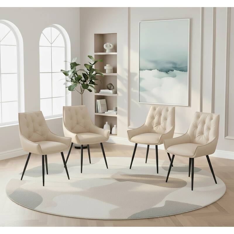 Dining Chairs Set of 4, Off White Faux Leather Dining Room Chair, with Gold Mesh Texture and Black Sanded Legs