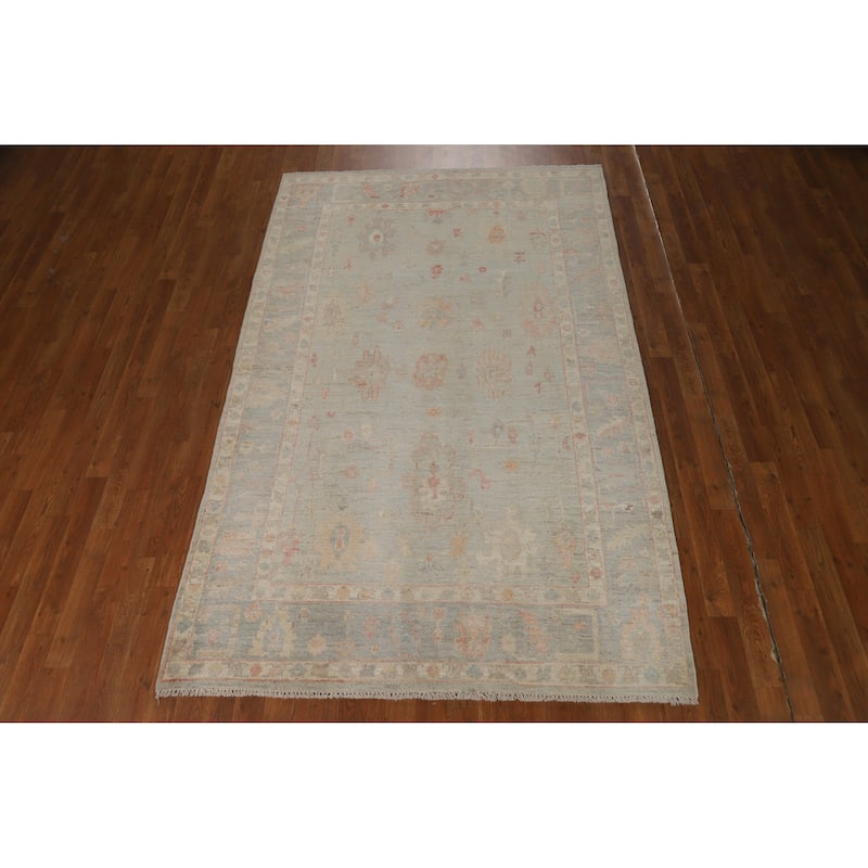 Transitional Blue Oushak Turkish Rug Hand-Knotted Wool Carpet - 5'1"x 8'0"