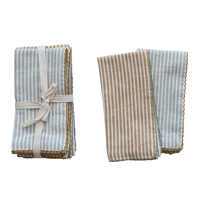 Cotton Napkins with Scalloped Edge and Stripes - 18.0"L x 18.0"W x 0.3"H - 18.0"L x 18.0"W x 0.3"H - Multi