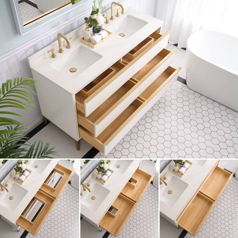 36"/48"/60" W Width Solid Wood Bathroom Vanity with Stain-resistant Carrera White Quartz Top and Sink