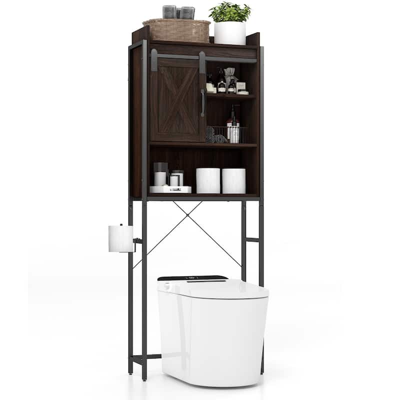 4-Tier Over Toilet Storage Cabinet with Adjustable Shelves and Sliding Door for Bathroom Organization - 25"W x 9.5"D x 67.5"H