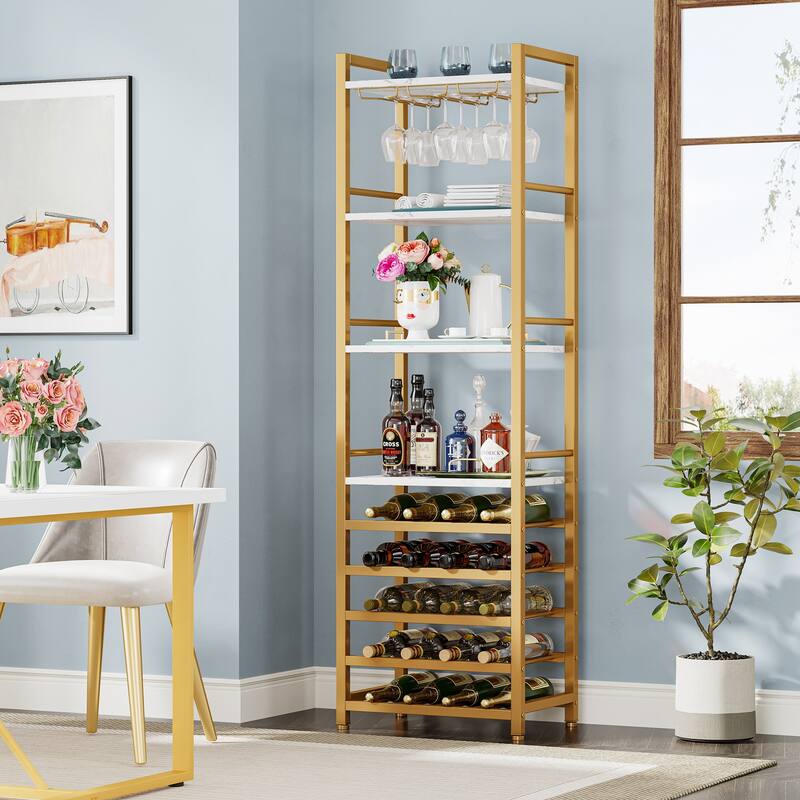 20 Bottle Freestanding Floor Wine Rack, 9 Tier Floor Liquor Cabinet with Glass Holder and Storage Shelves