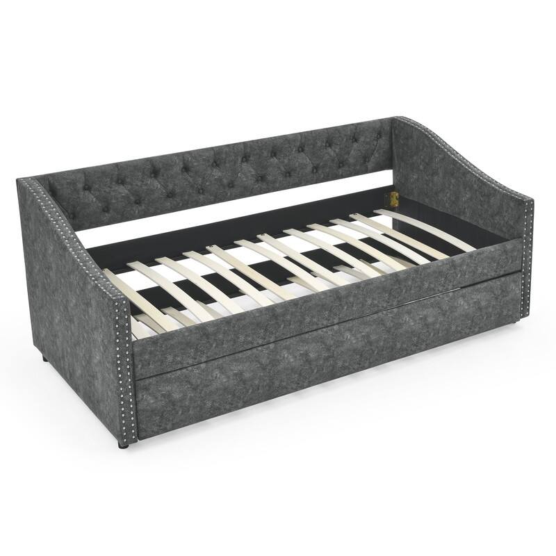 Upholstered Twin Daybed with Trundle,Polyester Fabric Sofa Bed with Button Tufted for Living Room,Bedroom