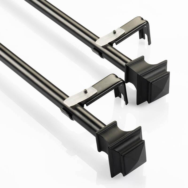 Deco Window 2 Pack Single Curtain Rod with Square Finials & Brackets Set - 44" to 84", 5/8 Inch Diameter, Black Matte