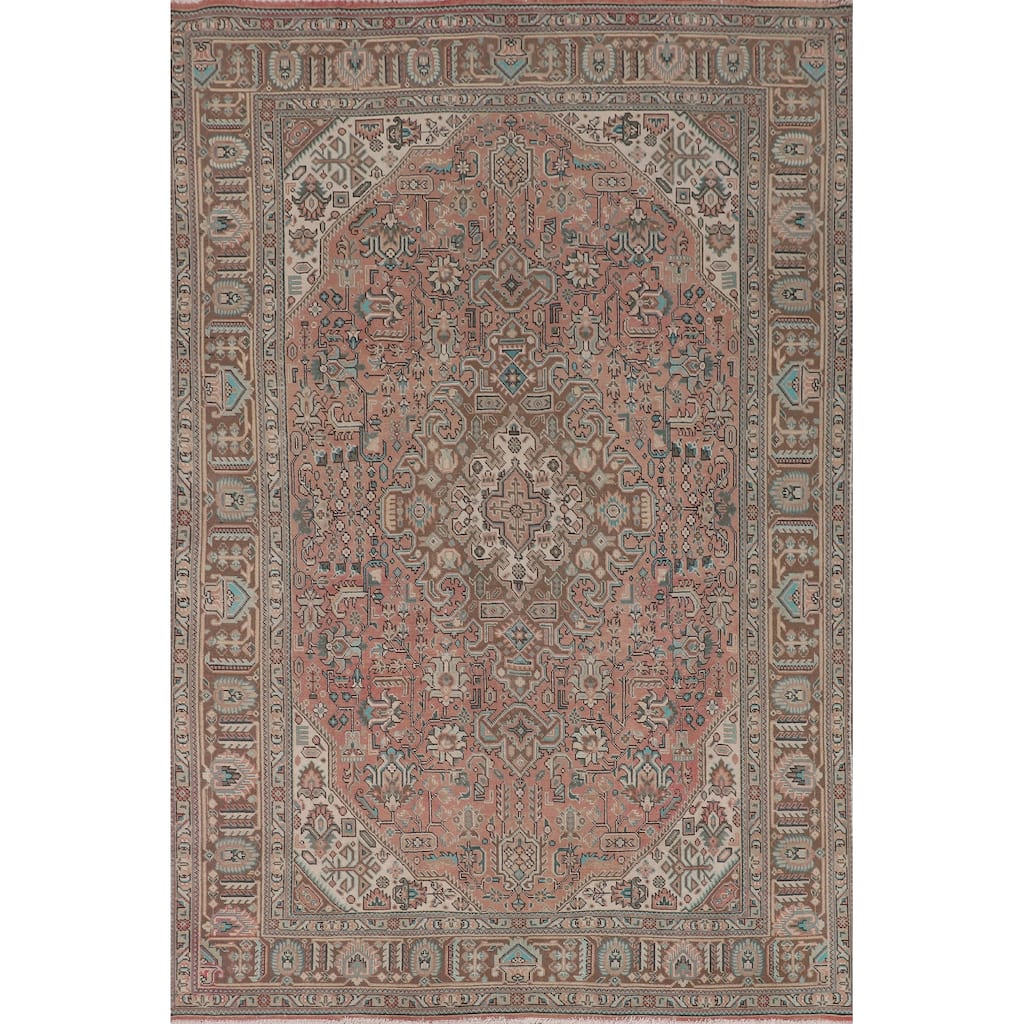 Pink Geometric Tabriz Persian Vintage Area Rug Handmade Wool Carpet - 6'2" x 9'4"