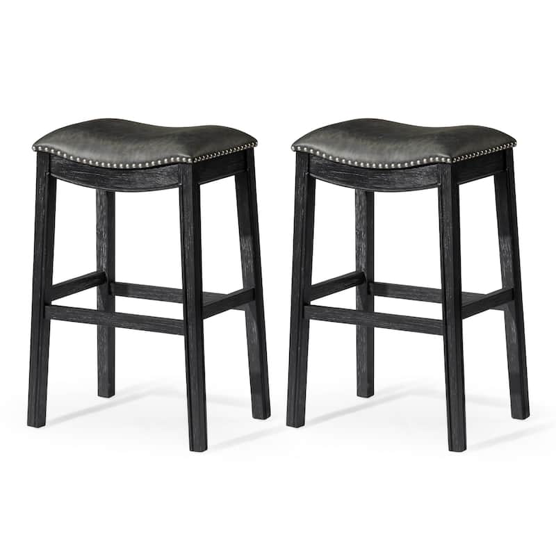 Maven Lane 31" Adrien Saddle Kitchen Bar Height Stool - N/A - Set of 2 - Aged Black Vegan Leather