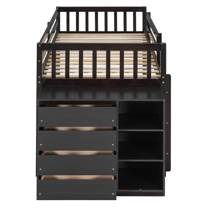 Twin Over Twin Size Bunk Platform Bed Frame with 4 Storage Drawers and 3 Shelves, Solid Wood, Space-Saving Design for Bedroom