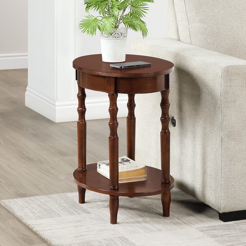 Oval End Table with Shelf Two-Tier Display Storage Solid Wood Legs Veneer Finish Versatile Nightstand Accent Piece - 20.5