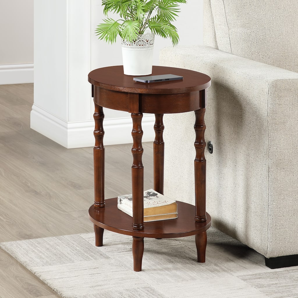 Oval End Table with Shelf Two-Tier Display Storage Solid Wood Legs Veneer Finish Versatile Nightstand Accent Piece - 20.5