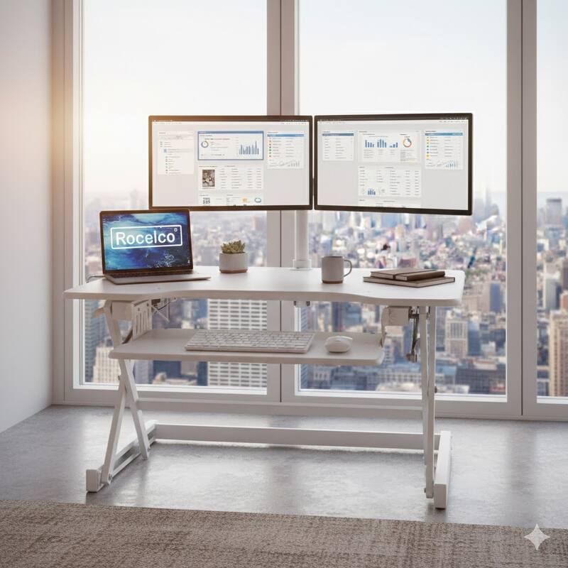 Rocelco 32 in. W White Height Adjustable Standing Desk Converter Dual Monitor Riser with Gas Spring Assist Mechanism