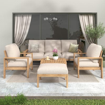 Christopher Knight Home - Lucas Outdoor 5-Piece Acacia Wood Sectional Sofa Set with Cushions
