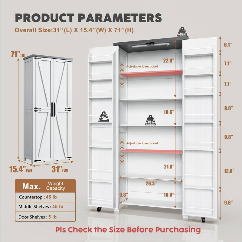 Smart LED Farmhouse Pantry Cabinet with Shelves
