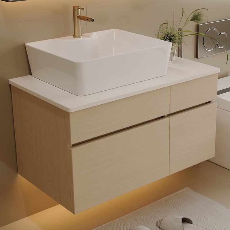 Floating Single Small Bathroom Vanity with Sink - White,Wood