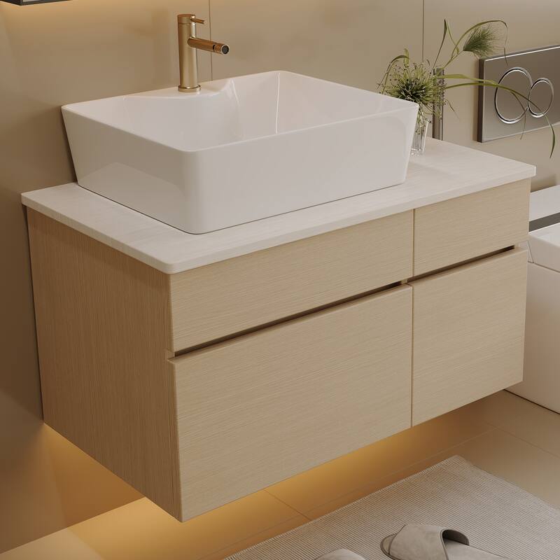 Modern Floating Bathroom Vanity with Ceramic Vessel Sink, Wall-Mounted Solid Wood Bathroom Cabinet with Soft-Close Drawers
