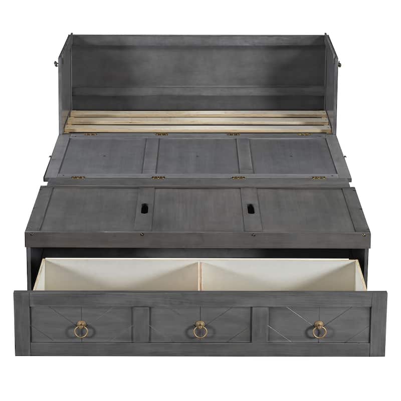 Gray Full Size Space-Saving Design Murphy Bed with USB Port and Large Drawer for Bedroom