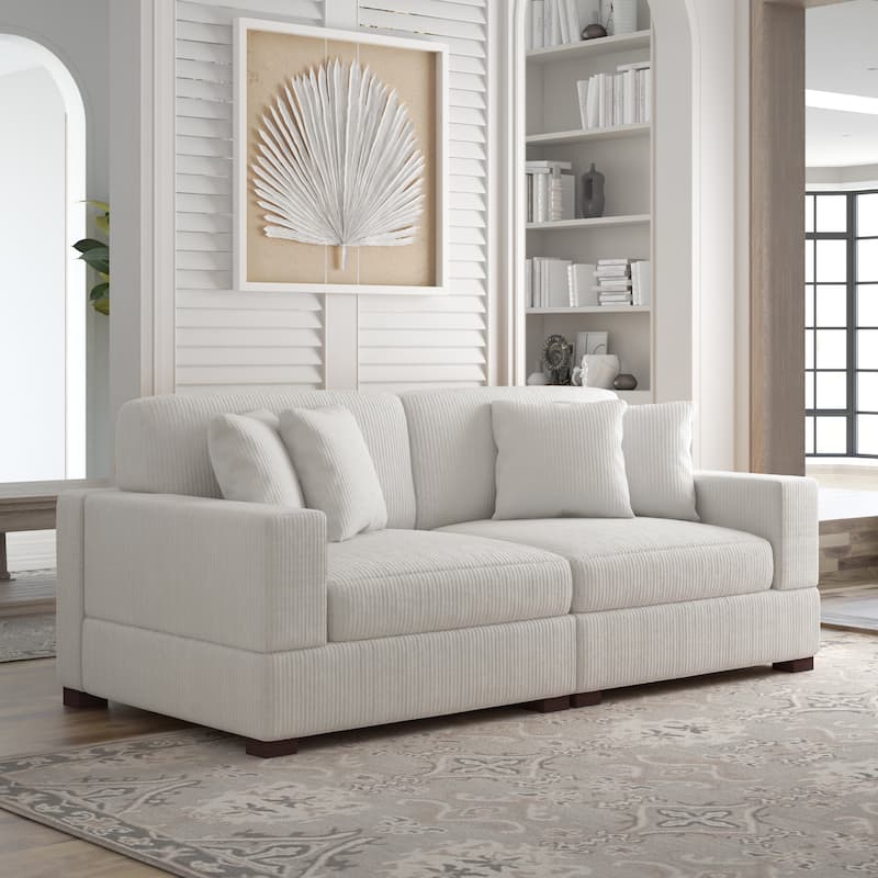Corduroy Couch Modular Sectional Sofa with Pillows - 2 Piece - Beige