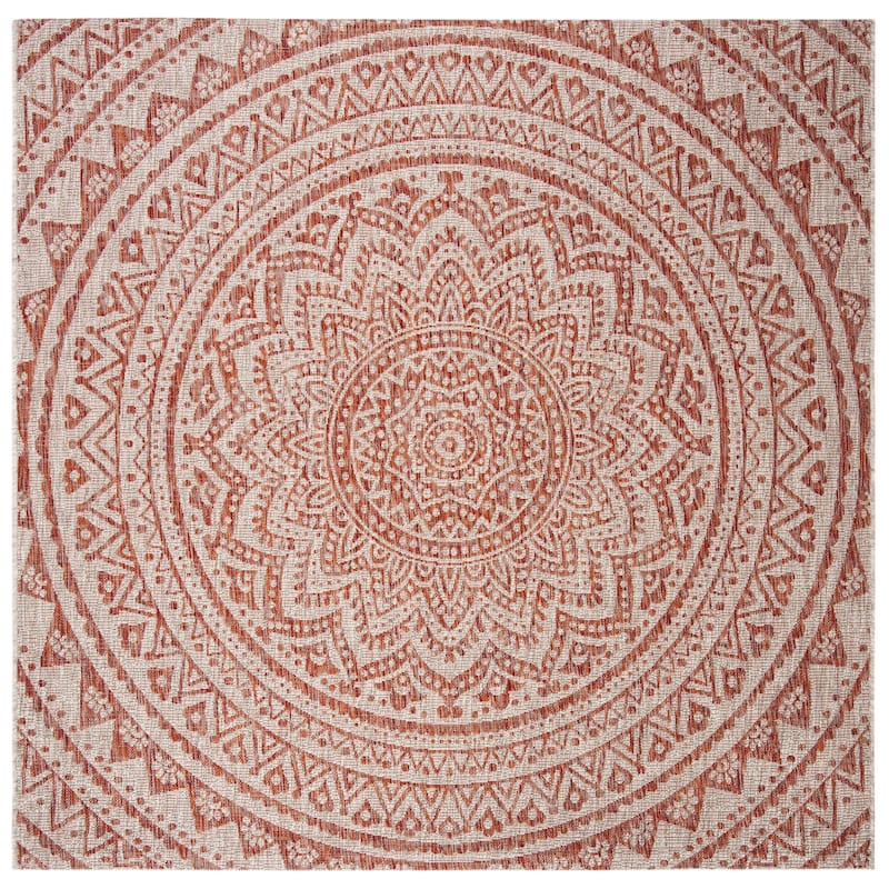SAFAVIEH Courtyard Fran Mandala Indoor/ Outdoor Waterproof Patio Backyard Rug - 6'7" Square - Light Beige/Terracotta