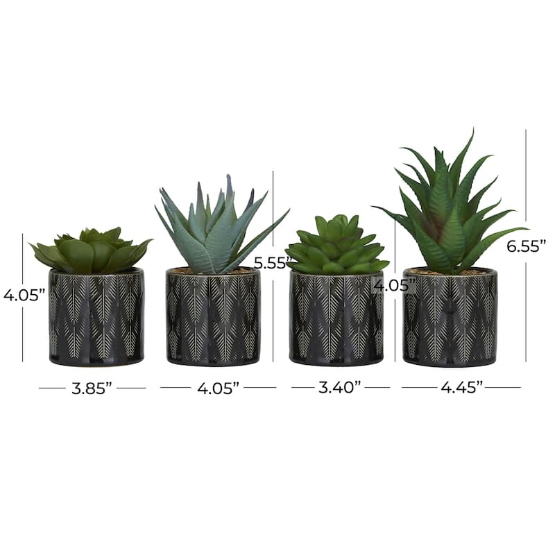 Green Faux Foliage Succulents Artificial Plant with Realistic Leaves and Patterned Porcelain Pot (Set of 4 or 2)