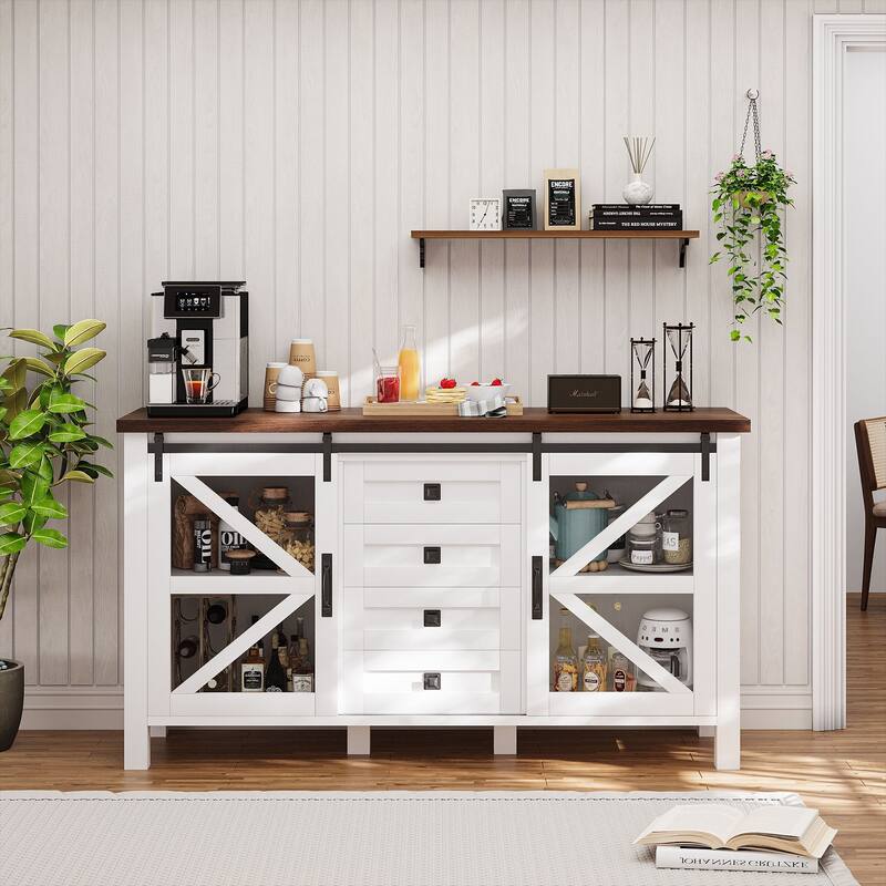 Gymojoy Farmhouse Buffet Cabinet with Barn Doors, 4 Drawers, for Kitchen, Dining Room, Living Room Storage