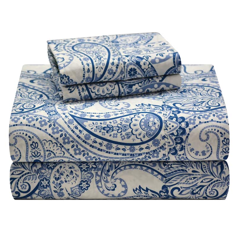 Pointehaven Cotton Boho Paisley Sheet Set - King - Blue