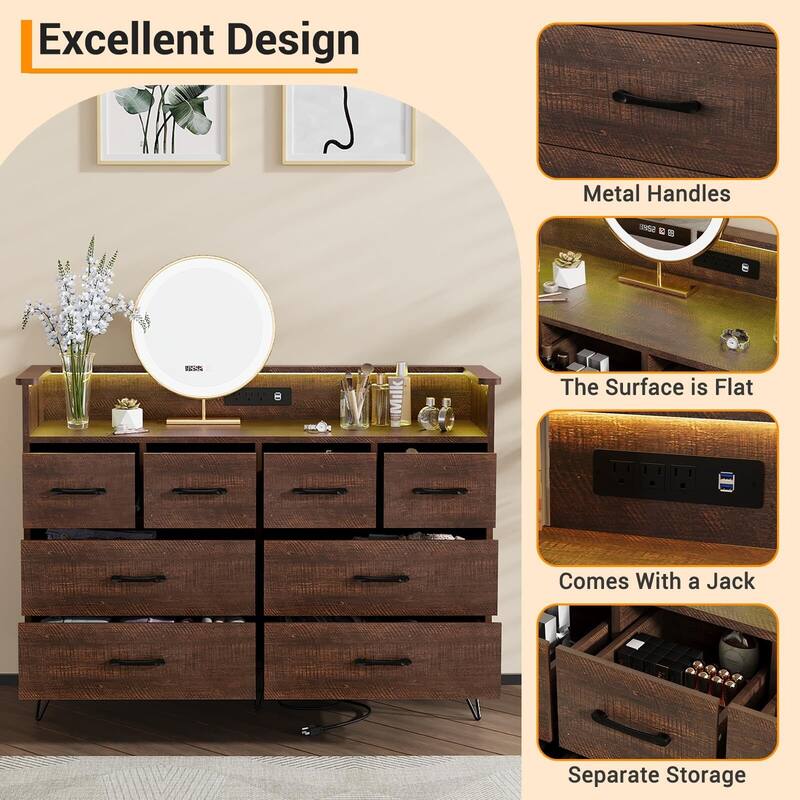 Tall Dresser for Bedroom with Charging Station & RGB Lights - 8 Drawer Wooden